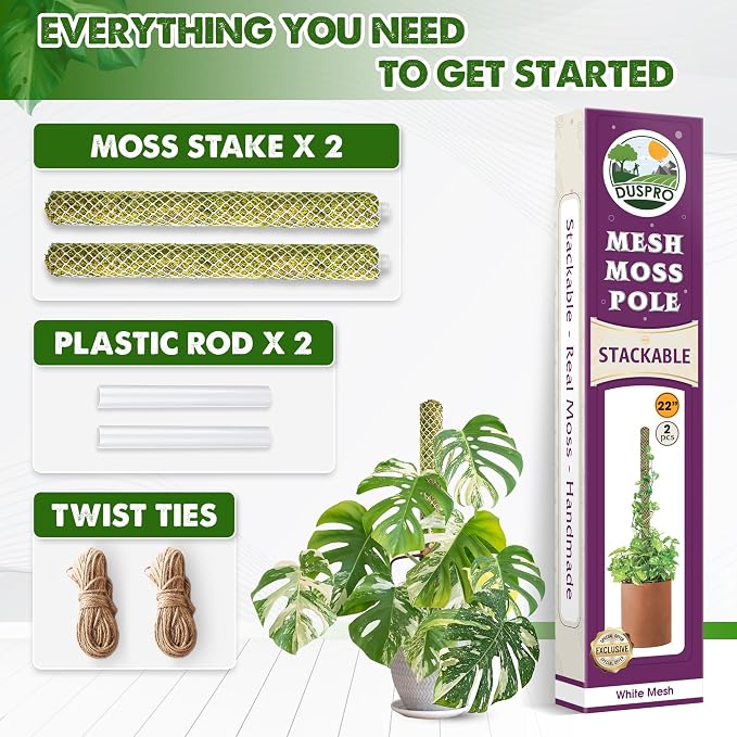 DUSPRO 2 Pack 22" White Stackable Mesh Moss Pole for Plants β Extendable Up to 39", Natural Forest Moss Pole Monstera Plant Support, Moss Stick for Climbing Plants, Indoor Plant Stakes Accessories
