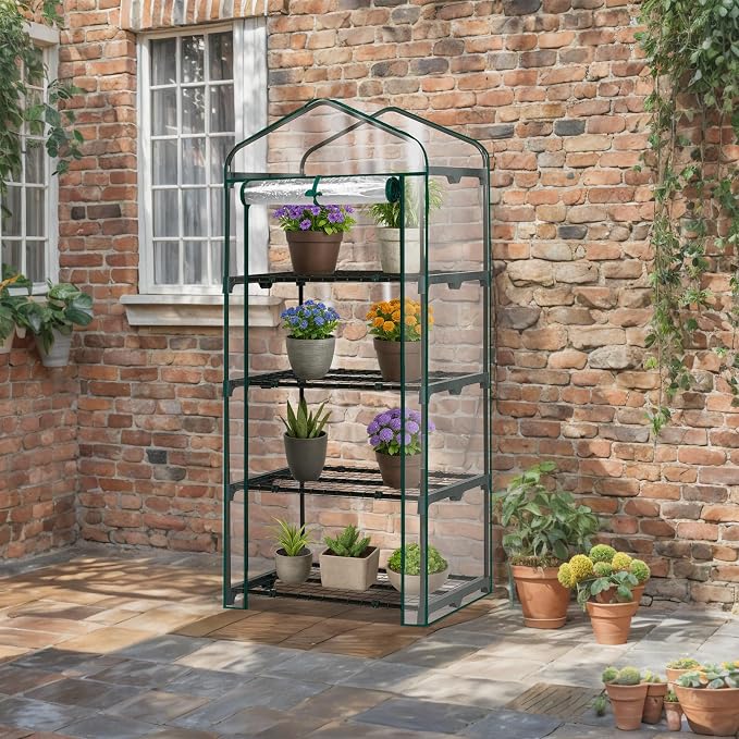 Outvita Mini Greenhouse, Small PVC Plant Green House with 4 Tiers Rack, Shelf Clips, Roll-up Zipper Door, Gardening Supplies for Indoor Outdoor Seedling Frost Protection, 27"x19.6"x63" Transparent