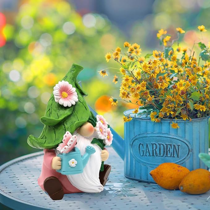 Summer Garden Gnome Decor, 5.9in Resin Daisy Floral Gnome Decorations for Home Indoor Outdoor, Retirement Gifts for Women