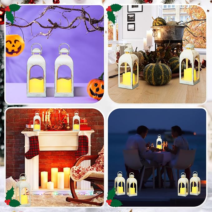 Tujoe 6 Pcs 10 Inch Decorative Candle Lantern Bulk for Wedding Centerpieces Lanterns with LED Flameless Candle Indoor Outdoor Hanging Lights for Wedding Party, Battery Included (White)