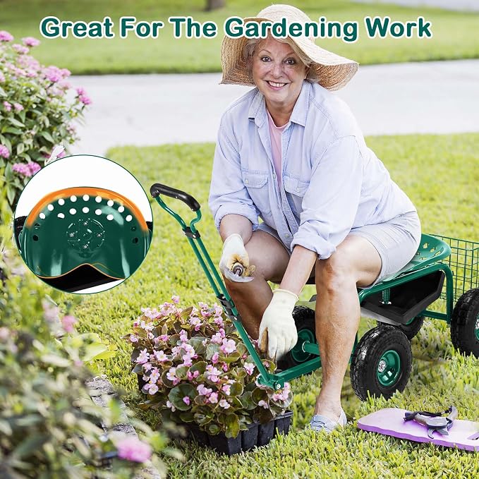 4-Wheel Rolling Garden Cart Work Seat with Tool Tray, Heavy Duty Planting Cart Tools on Wheels, Adjustable Steering Handle & Utility Tool Tray,Gardening Work-Seat,for Patio, Yard, and Outdoors, Green