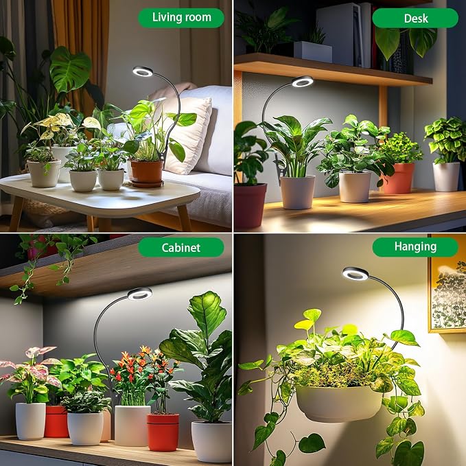 Plant Light 2 Pack, Clip on Grow Lights for Indoor Plants, LED Full Spectrum Halo Grow Lamp with, 6/12/16H Timer, 5 Dimmable, 3 Modes, 2 Installation Options Clip or Plug