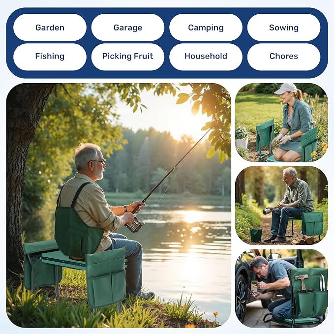 Healsmart Garden Kneeler and Seat, Foldable Kneeling Bench with Sturdy Soft EVA Foam Pad, for Camping, Gardening, Fishing, 2 Tool Pouches Included, Green
