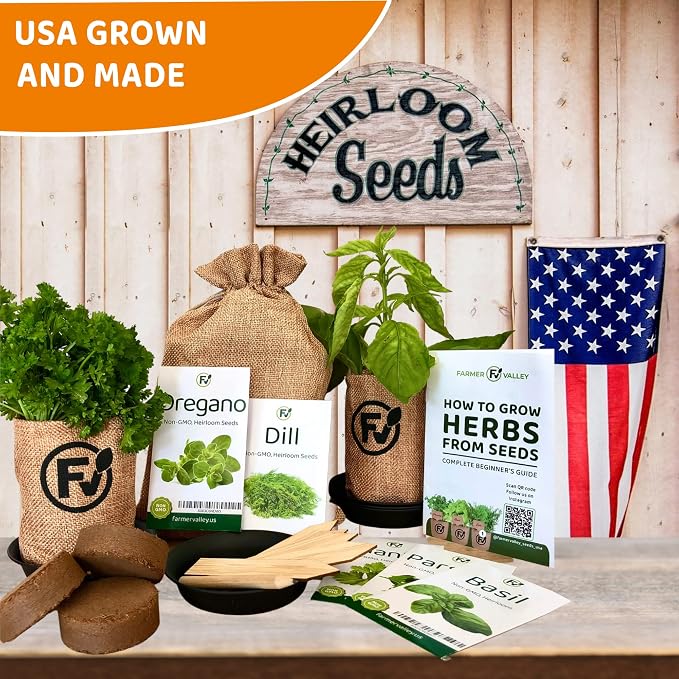 Indoor Herb Starter Grow Kit - 5 Different Medicinal & Tea Herb Seeds - Parsley, Basil, Cilantro (Coriander), Dill, Oregano - Non GMO and Heirloom - Including Pots and Soil - Made in USA