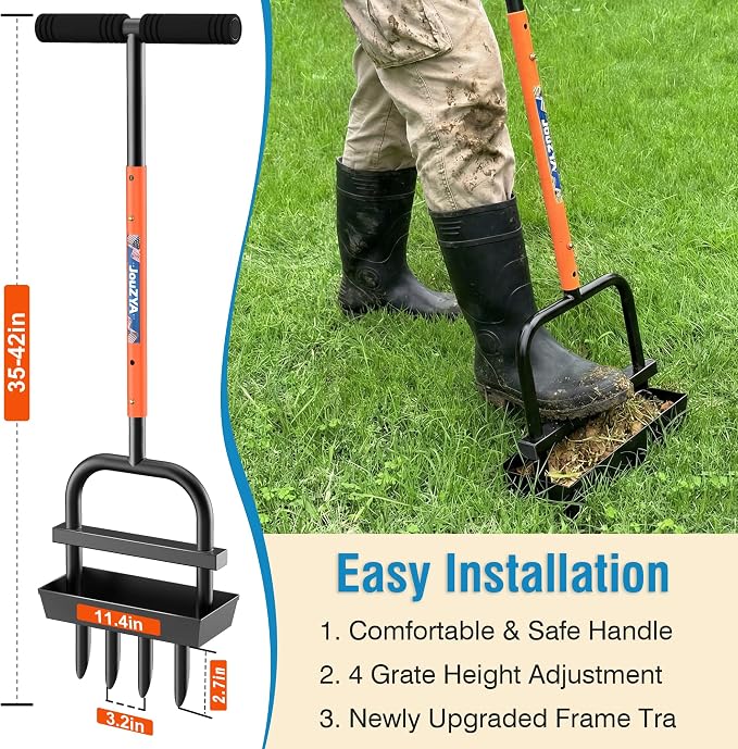 JouZYA Updated Lawn Aerator Tool with Soil Core Collection Tray, Lawn Core Aerator Lawn Tool with 4 Tines Manual Grass Aerator, Spike Lawn Coring Aerator for Lawn Aeration Soil Loosening Yard, Orange