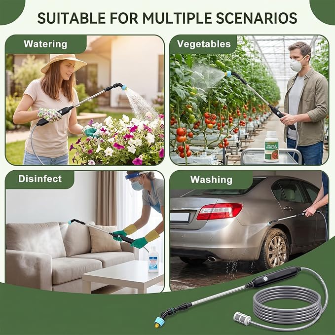 Rechargeable Cordless Pump Sprayer, Electric Watering Wand with 32.8FT Hose 6 Spray Modes Telescopic Wand, Battery Powered Sprayer for Garden Lawn Indoor Outdoor Plant Fertilizer Weed Cleaning