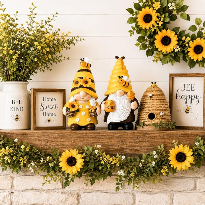 nuvagiki Bee Gnome Decor Set of 2, Honey Bee Gnome Figurines with Sunflower and Honey Pot, Rustic Farmhouse Bee Tiered Tray Decor for Spring Summer Kitchen Shelf Tabletop Decorations