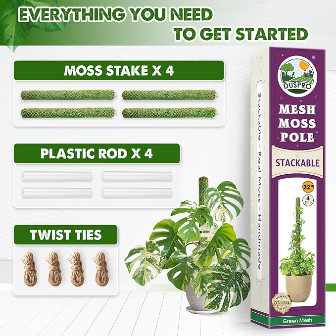 DUSPRO 4 Pack 22" Green Stackable Mesh Moss Pole for Plants β Extendable Up to 71", Natural Forest Moss Pole Monstera Plant Support, Moss Stick for Climbing Plants, Indoor Plant Stakes Accessories