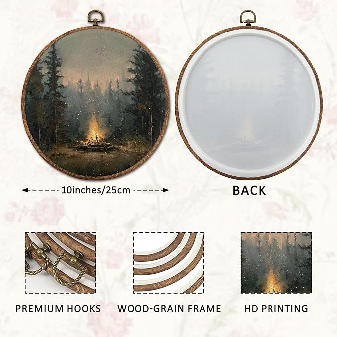 DOFQZ Rustic Dark Forest Campfire Round Wall Art Decor, Vintage Moody Pine Tree Framed Wall Art, Camping Lover Gifts Canvas Wall Hanging Decor for Cabin Home Bedroom, 10x10