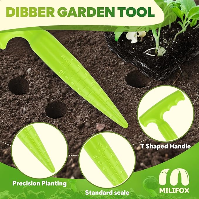 Seed Planter Tool, T-Handle Seed Dibber with Scale, Seed Spreader Tool with 5 Adjustable Holes, Dibbler Gardening Tool for Trays, Raised Bed, Balcony Garden (Light Green 2PCS)