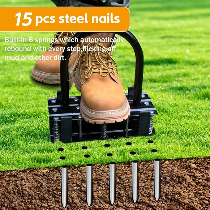 Aerator Lawn Tool - 2-in-1 Reinforced Heavy Duty Manual Lawn Aerator with 15 Spikes, Automatic Dirt and Leaf Clean Design, Adjustable T-Handle (Yellow)
