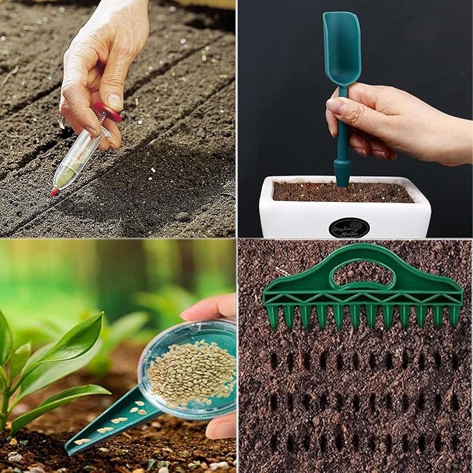 7PCS Mini Handheld Seed Spreader Set with Adjustable Speeds and 12-Hole Dibber Tool, Multifunctional Sowing Seeds Dispenser Planter Kit for Lawn Garden Farm Yard