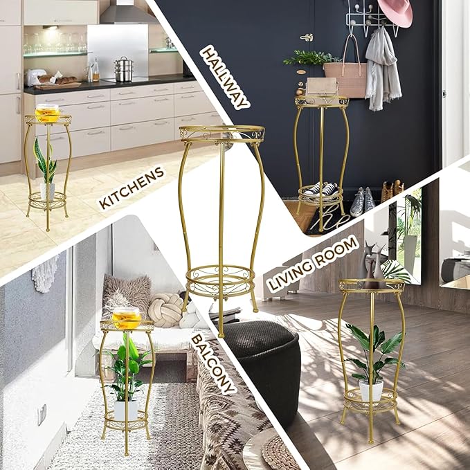 Kavlium Plant Stand Indoor Outdoor,Tall Gold Metal Rustproof Stable Plant Stands,2 Tier 27.1 inch Multiple Plant Rack Holder Rack Flower Pot Stand Heavy Duty Plant Shelf (Gold)