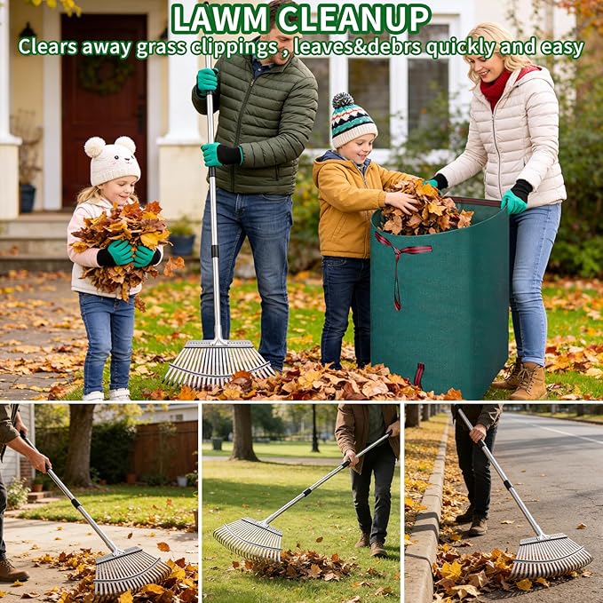 72 Gallon Leaf Rake Set with Dustpan-Type Bag - Heavy Duty Garden Rake for Leaves, 18" Wide 25 Tines Adjustable Handle, Protective Gloves for Lawn, Yard & Garden Cleanup