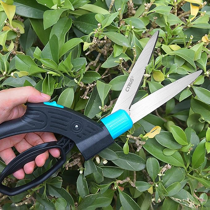 CYRUS 14-Inch Handheld Grass Shears with 360° Rotating Head - Premium Carbon Steel Plant Cutting Scissors Ergonomic Handle & Safety Lock Garden Shears for Lawn, Hedges, Fences