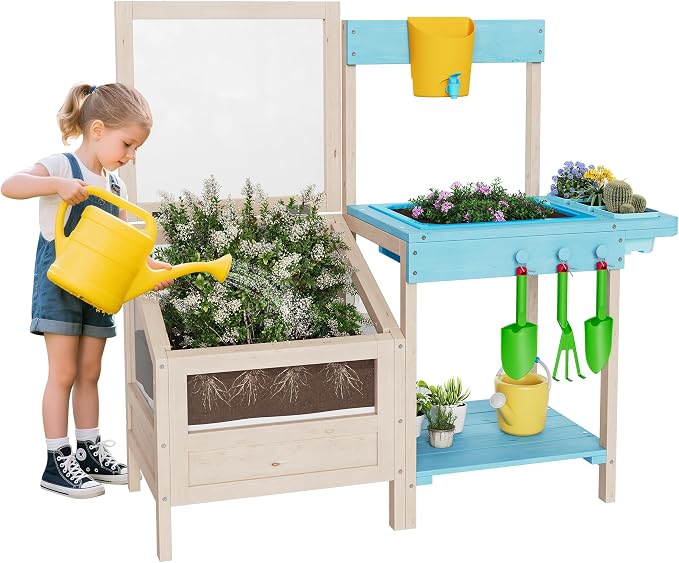 Outdoor Garden Potting Bench Table All-Weather Garden Table Work Station with Transparent Planter Box Raised Garden Bed 3 Side Plant Pots and Storage Shelf for Lawn Garden