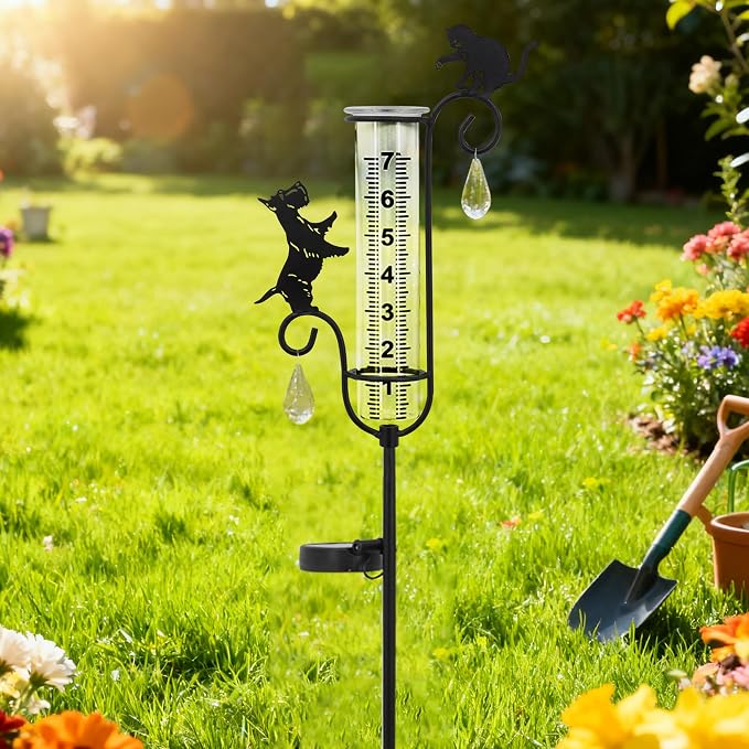 33" Solar Garden Rain Gauge - 7" Glass Tube for Outdoor Indoor Use, Patio Yard Decor Statue,Metal Dog & Cat Rain Gauge.