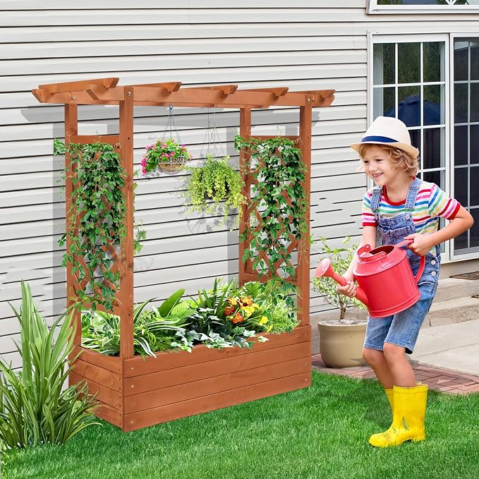 VINGLI Raised Garden Bed with Trellis & Hanging Roof, Wooden Elevated Planter Box with Drainage Holes for Outdoor Climbing Plants Vegetables Flowers, Patio Yard Balcony (Teak, Medium)