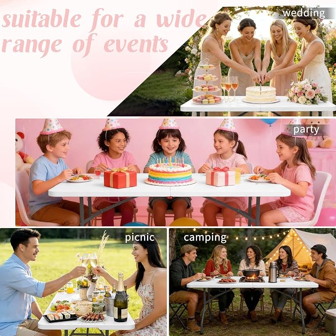 2 Pack 5 Feet Portable Folding Table White, Steel Legs Fold-in-Half with Carrying Handle Rectangular Plastic Foldable Table for Party, Wedding, Camping, Picnic, Dining, Indoor Outdoor Events (White)