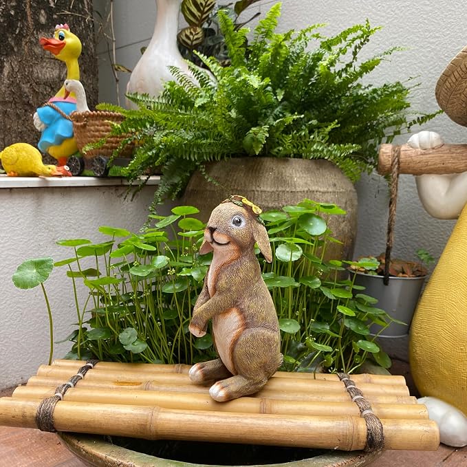 Bunny Outdoor Statues, Rabbit Garden Statues for Lawn Yard Decorations Outdoor Adorable Bunny Wearing Flower Crown, Outdoor Bunny Decor Lucky Rabbit Mom Dad Gifts