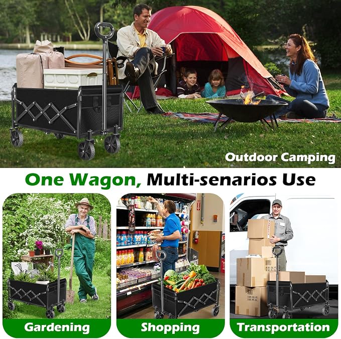 Collapsible Wagons Carts Foldable Wagon, Foldable Wagon Cart with Wheels, Folding Wagons for Beach Camp Sports Garden, 2 Cup Holders/Lightweight Portable/Black/280 LBS