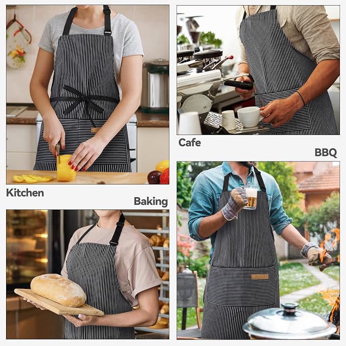 NLUS 2 Pack Kitchen Cooking Aprons, Adjustable Bib Soft Chef Apron with 2 Pockets for Men Women (Black Pinstripes)