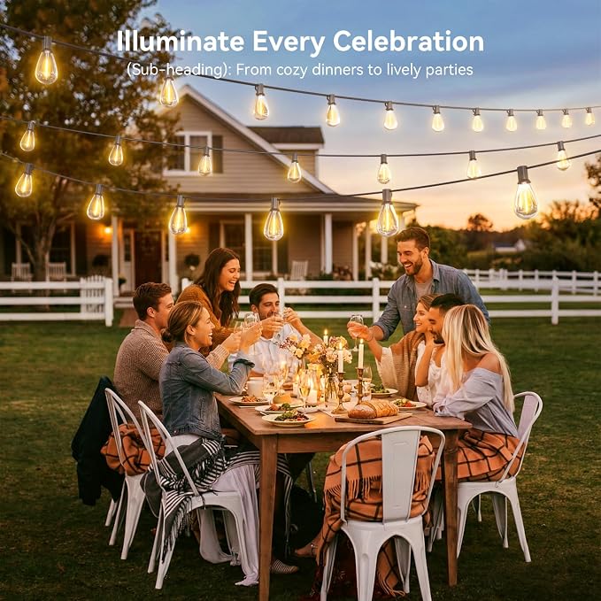 200FT Outdoor String Lights with Remote, Waterproof Patio Lights with 72+2 Shatterproof LED Bulbs, 2700K Dimmable Waterproof Hanging Decor for Backyard Garden Porch Bistro, Timer & 3 Modes