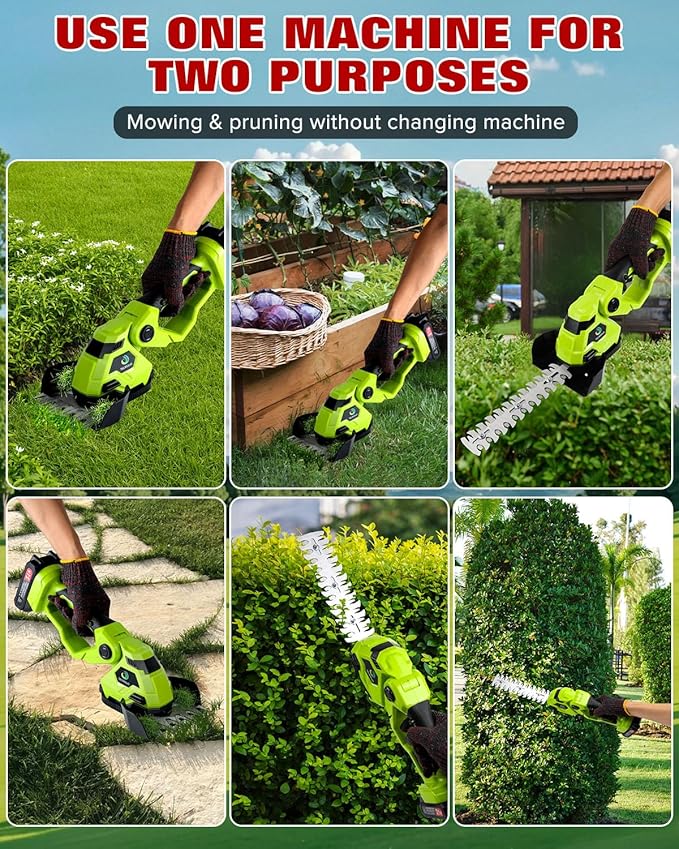Cordless Hedge Trimmer,2-in-1 Bush Trimmer,Cordless Grass Shear & Shrubbery Trimmer with Dual-Action Blade Cutting Capacity,Hedge Shear with 2 PCS Rechargeable Battery and Charger for Garden,Lawn.