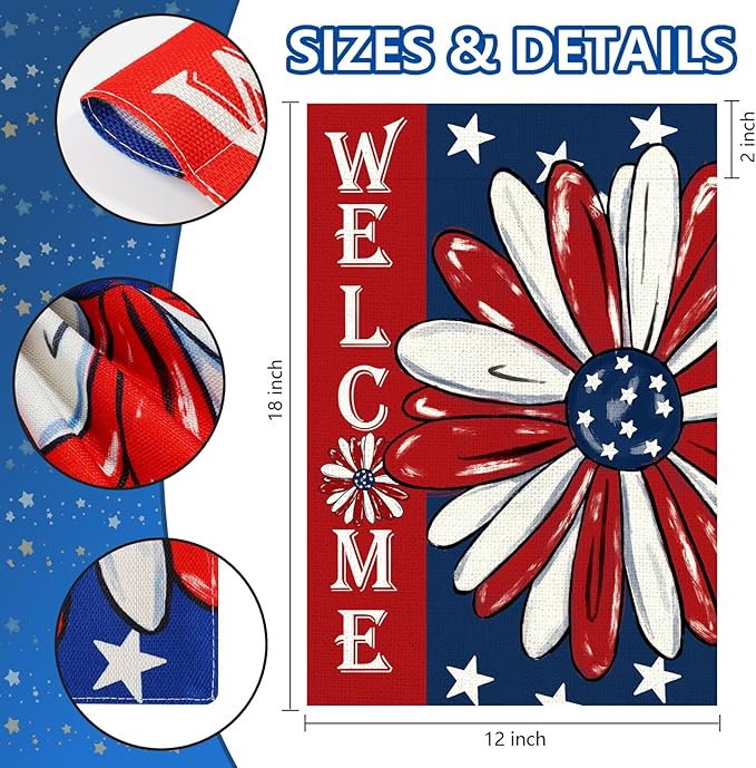 4th of July Garden Flag 12x18 Inch Double Sided, Patriotic Memorial Day Floral Flag for Yard Outdoor Decoration