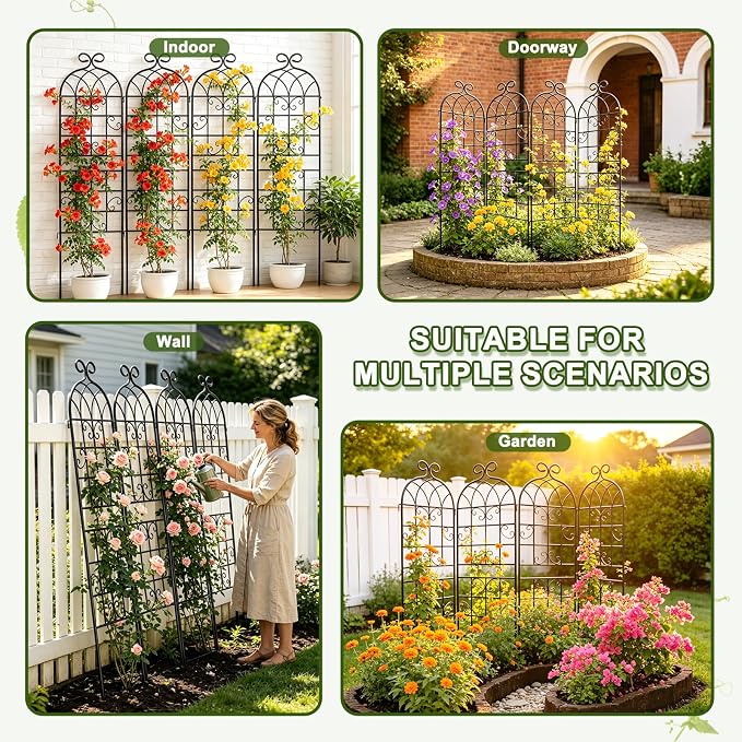 YOBAZAN 4 Pack 72x20in Rustic Iron Arch Decoration Garden Trellis with Black Metal Coating – Perfect for Supporting Climbing Plants Outdoor, Roses, Vines, Flowers, and Vegetables.