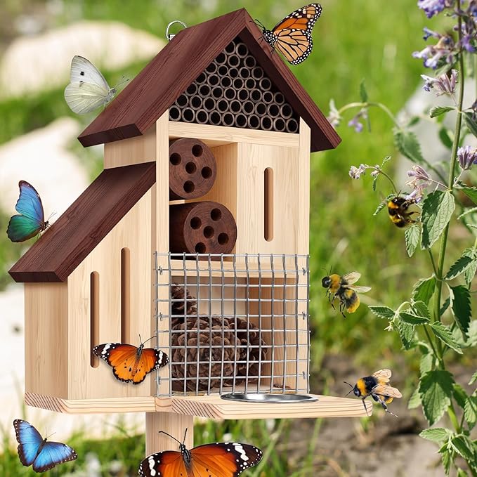 Hoteam Wooden Insect Hotel Bee Ladybugs Butterfly House Large Natural Mason Bee Lady Bug Hotel with Stake and Feeder for Garden Yard Backyard Attract Butterflies Pollinators Beneficial Insect(Brown)