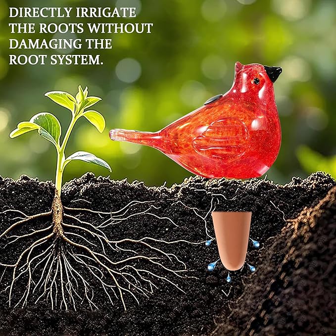 Plant Watering Globes, Bird Glass Self Watering Planter Insert - for Indoor & Outdoor Plants - Glass Plant Water Globes for Daily Use, Planter Spikes to Support Indoor & Outdoor Plant Health, Red