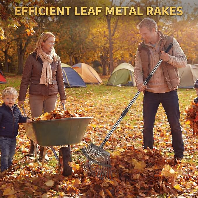 Garden Rake for Leaves, 20 Inch Ultra Wide Heavy Duty Metal Leaf Rake, 40-68 Adjustable Long Handle Yard Lawn Rake with 25 Tines for Grass Pine Needles Debris, for Kids and Adults
