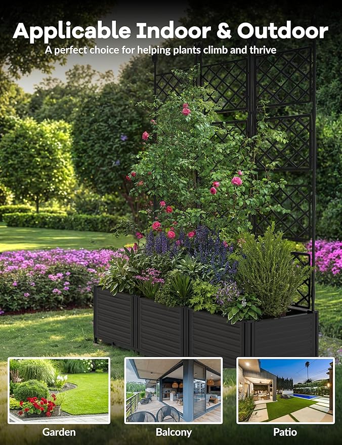 Patikuin 3-Section Sturdy Weather-Resistant Raised Garden Bed with Metal Trellis, Vertical Modular Planter Box & Privacy Screen for Climbing Plants, Vegetables, Flowers