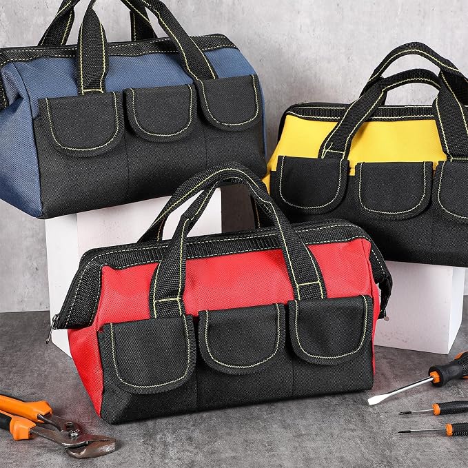 Sanwuta 3 Pack Tool Bag for Men with Waterproof Hard Bottom, Heavy Duty Tool Bag Wide Mouth Tote for Various Instrument, Electrician Carpenter Mechanic(Red,18 Inch,Classic)