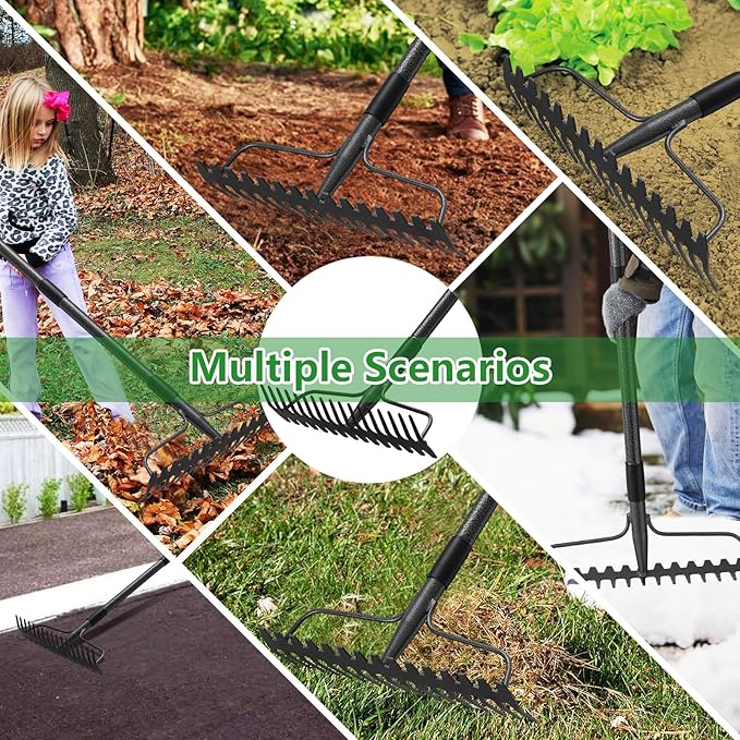 77 inch Bow Rake, 2-in-1 Metal Garden Lawn Rake for Weeding Digger Loosening Soil Raking Leaf Leveling Rocks Spreading Mulch Gravel 17 Tines Adjustable Garden RakeBow Rake