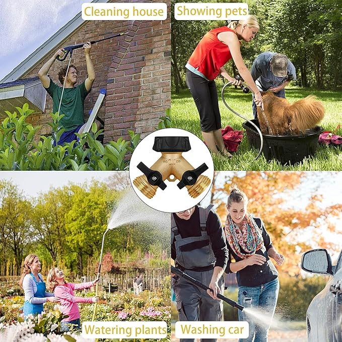 Biswing Garden Hose Splitter 2 Way, Heavy Duty Brass Connector Tap Splitter, Y Splitter 2 Valves with 2 Extra Rubber Washers