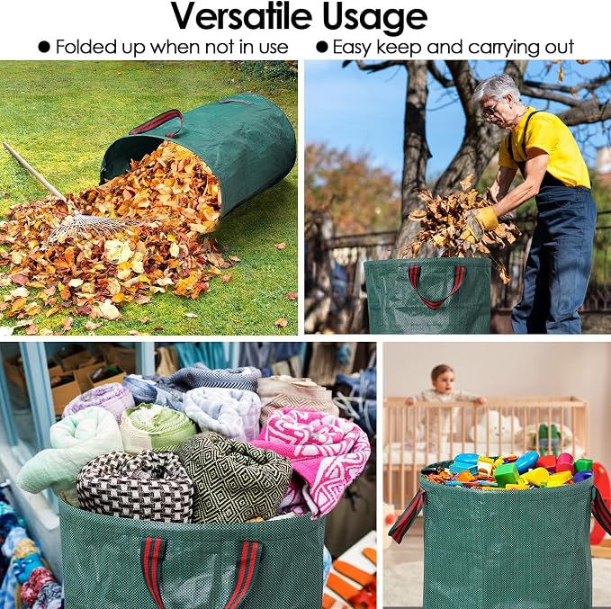 5-Pack 72 Gallon Yard Waste Bags,Reusable Collapsible Garden Leaf Bags with Plastic Ring,Standable,with Gardening Gloves,for Camping & Recycling Leaves,Lawn Debris & Grass Clippings