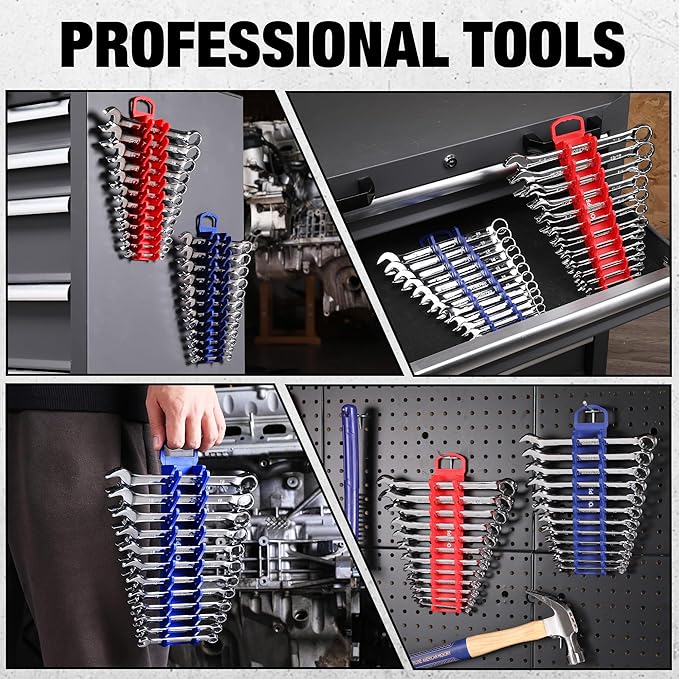 WORKPRO 2-Pack Magnetic Wrench Organizer, 12-Piece Gripper Wrench Holder for Stubby or Line Wrenches, Fits SAE (1/4" to 15/16") and Metric (6mm to 24mm), Flexible Teeth