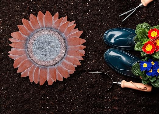 NAT & Jules Sunflower Shaped Dimensional Indoor Outdoor 12 inch Cast Resin Decorative Garden Stepping Stone, Patio, Walkway Sculpture Yard Art, Red Terracotta