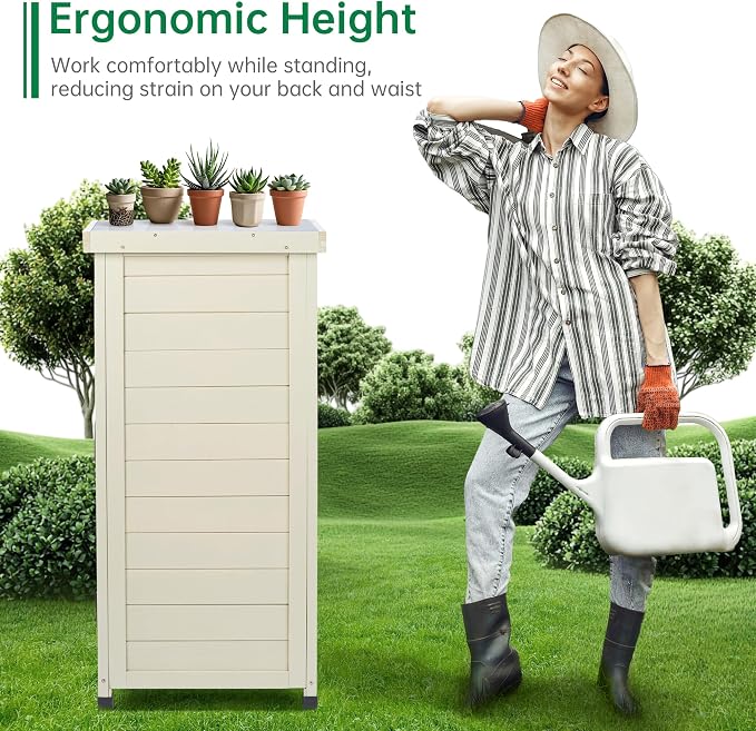 HABAU Outdoor Storage Cabinet, Potting Bench Table with Metal Tabletop & Shelves, Wooden Planting Workstation for Patio Garden, Weatherproof