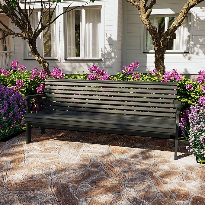 Amish Casual Heavy Duty 6 Foot Pressure Treated Outdoor Garden Bench in Cedar Stain with Cup Holders - Amish Crafted Roll Back Design, 700 Lb Weight Capacity