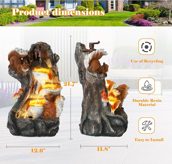 22" H Modern Garden Water Fountain - 4-Tiers Indoor/Outdoor Resin Water Fountains with LED Lights, 4-Tiers Patio Waterfalls with Mushroom & Squirrel Design, Home Decor for Porch Yard Deck