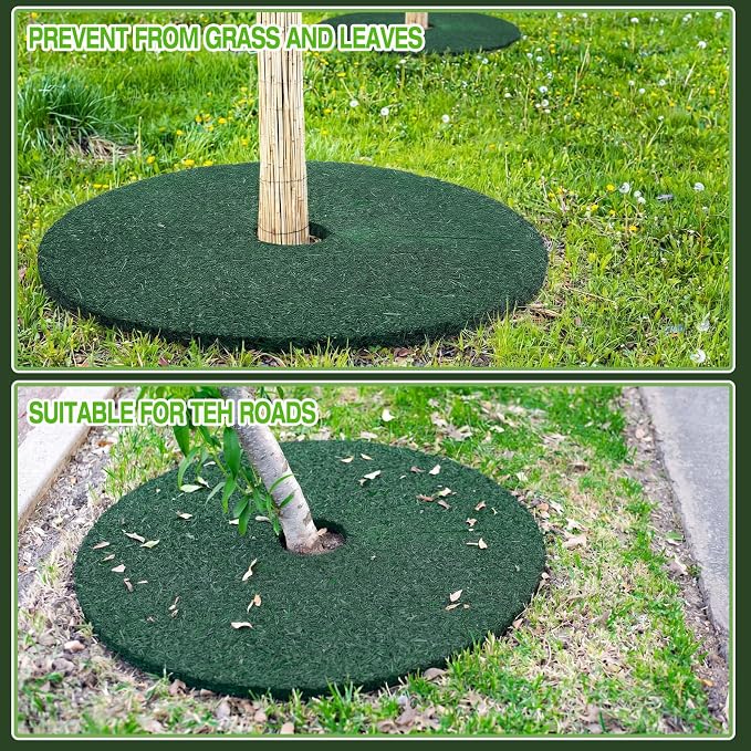 Peryiter 3 Pcs Double Side Rubber Mulch Tree Ring 24 Inch Heavy Duty Rubber Mulch Mat Tree Protector Weed Barrier Mats Reversible Round Root Ring for Prevent Weed Grass Animal Dig Dark Green Black