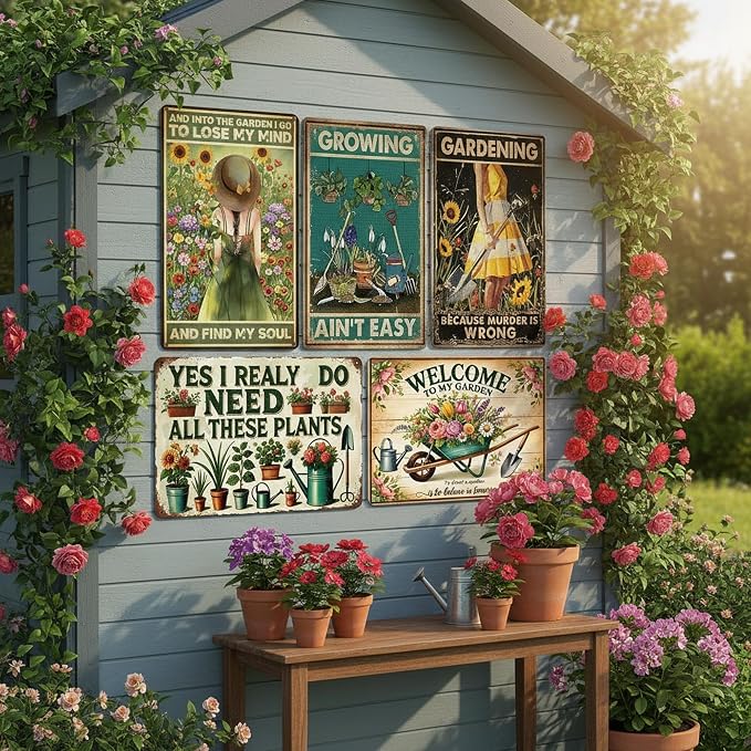 Vintage Metal Sign, Metal Wall Art, Funny Bar Signs, Motivational Positive Affirmations Wall Decor, Funny Tin Signs for Home Office School Gym & Locker Room 8x12 Inch (5Pcs Funny Metal Garden Sign)