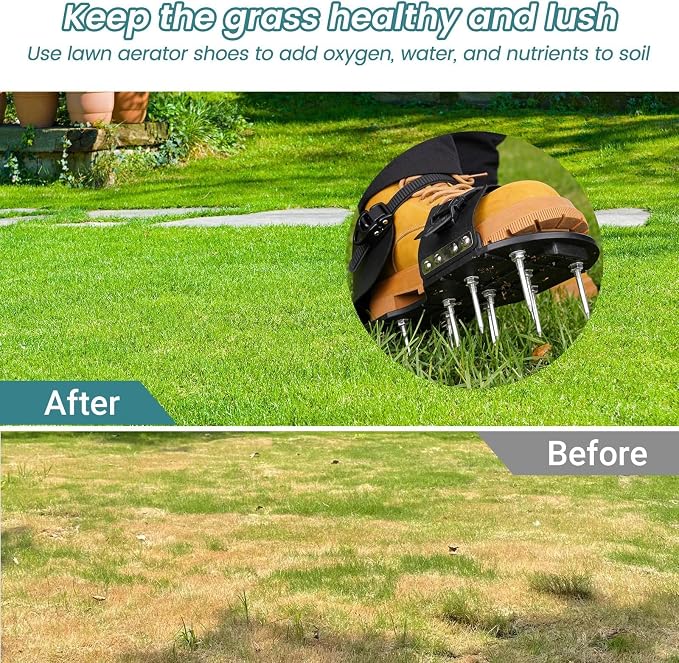 Lawn Aerator Shoes - Heavy Duty Lawn Aerator Tool for Grass with Cleaning Shovel & 6 Extra Spikes, Easy Assembly with Upgraded T-Wrench, Manual Garden Soil Aeration Tools for Yard Care