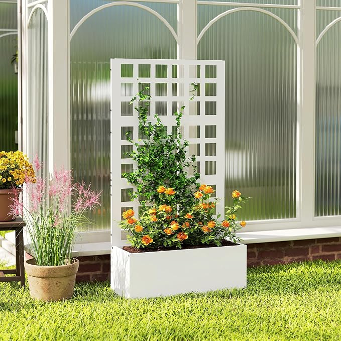 Outsunny Galvanized Raised Garden Bed with Trellis, Metal Planter Box with Drainage Holes, Outdoor Privacy Screen for Climbing Plants, Vegetable, Vines, 24" x 9" x 44.5", White