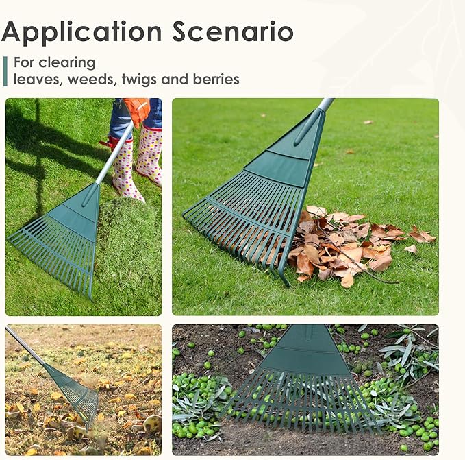 ORIENTOOLS 69" Adjustable Leaf Rake with 5-Section Handle, 26-Tine Durable Plastic Head, Dual-Use Design Converts to Leaf Scoops, Lightweight Yard Rake for Lawns, Grass, Shrubs & Garden (Foldable)