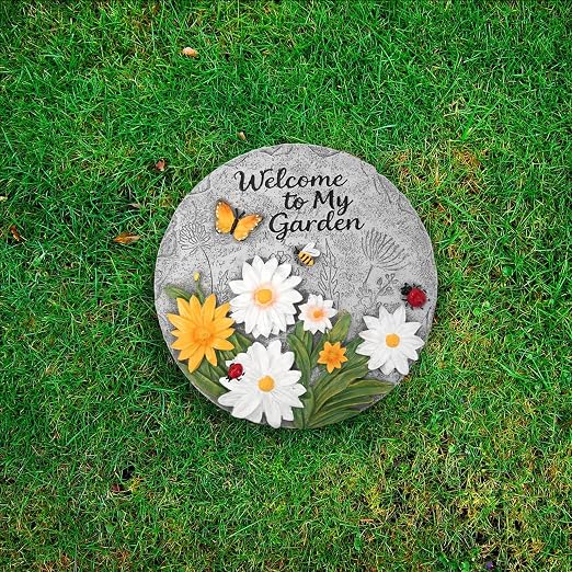 Resin Daisy Stepping Stone, Bees Butterfly Ladybug Welcome to My Garden Decorative Garden Step Stones for Yard, Patio or Walkway Wall Hanging Decor - Outdoor or Indoor Home Decoration