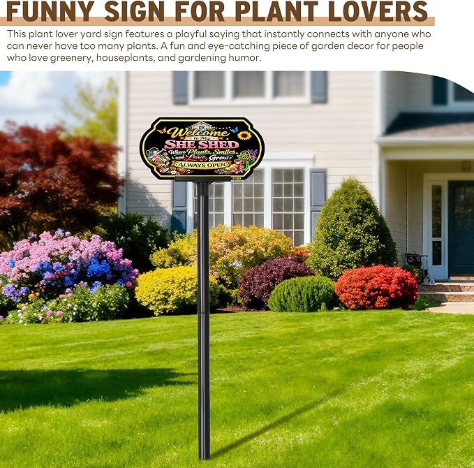 Welcome to My She Shed Garden Sign with Adjustable Stake, 10x5 Inch Aluminum Outdoor Yard Sign, Adjustable 24" & 37" Height, Weatherproof Outdoor Garden Decor for Outside, Gardening Gifts for Women